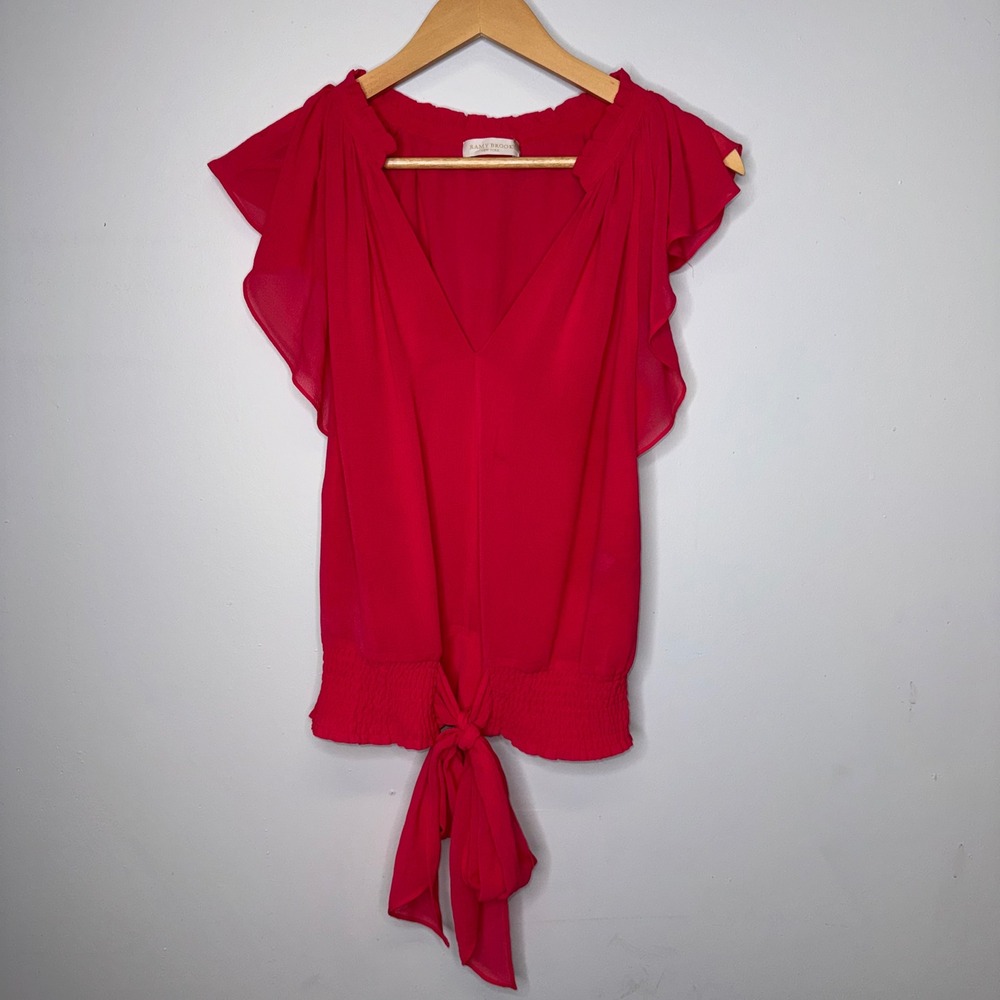 Ramy Brook Meredith Top Hot Pink Smocked Flutter Sleeve V-Neck Blouse XS